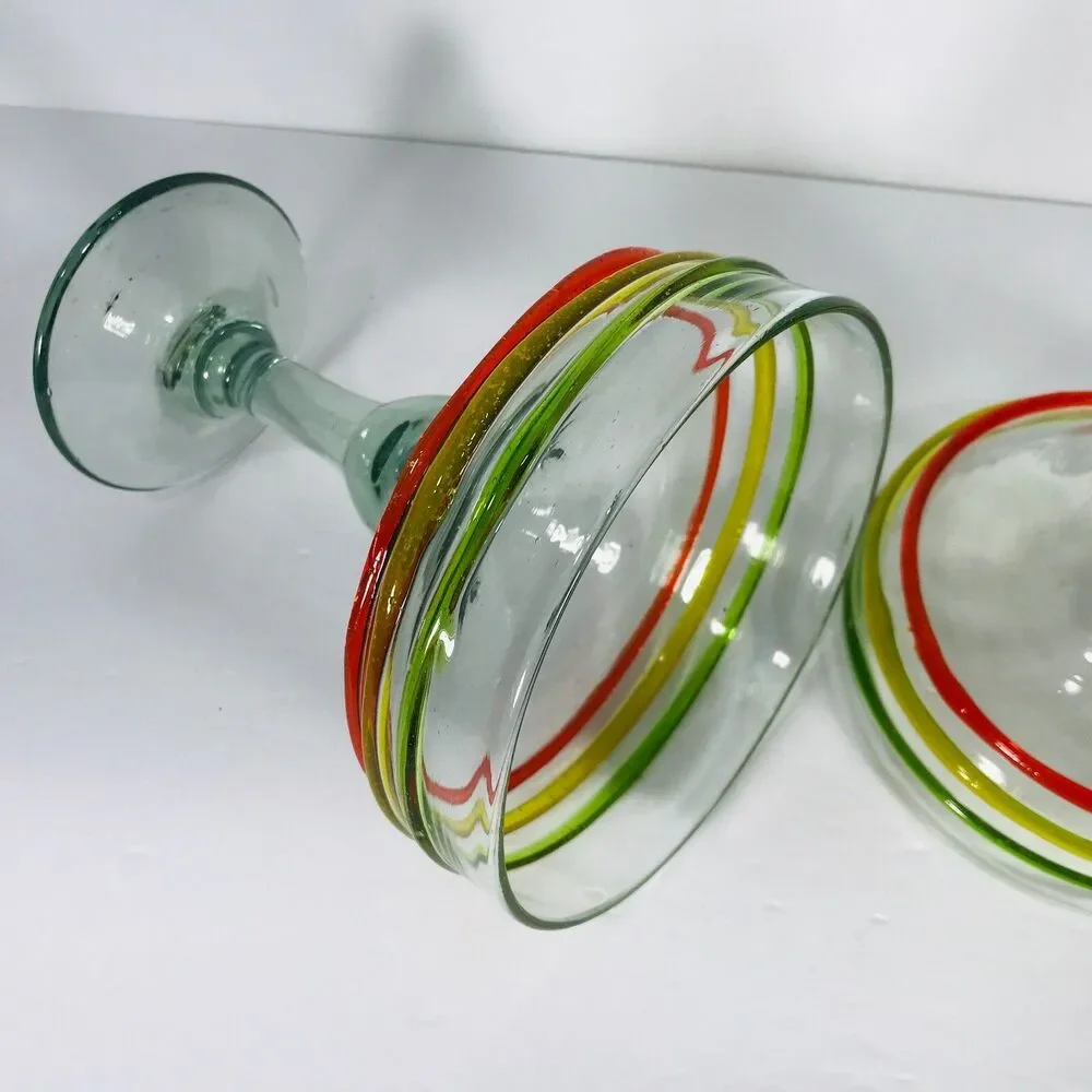 Handblown 2 Mexican Margarita Glasses Raised Striped Cocktail Bar Bubbles